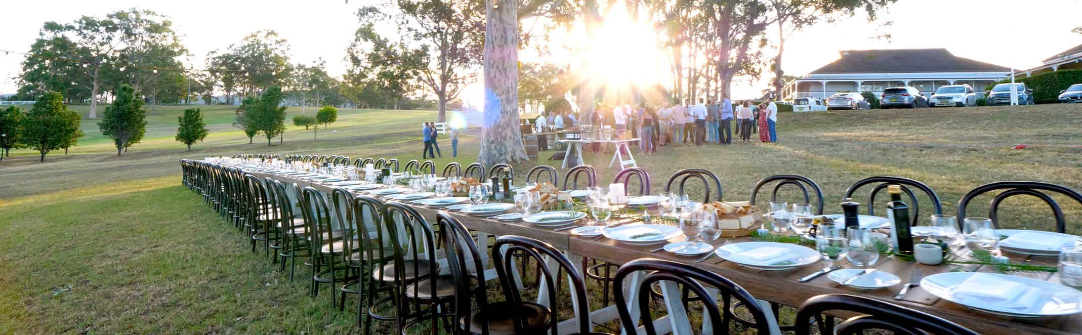 Long wedding lunch table in the field Hunter Valley