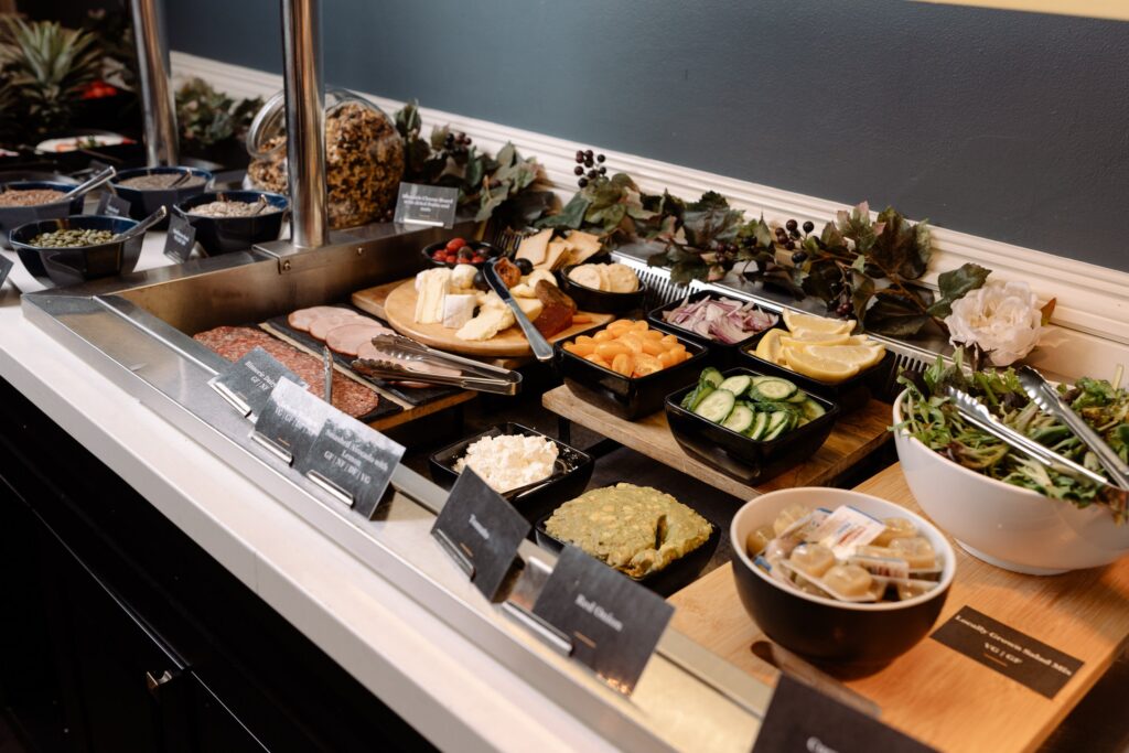 Cheese, cold meats and salads on the breakfast buffet in The Conservatory